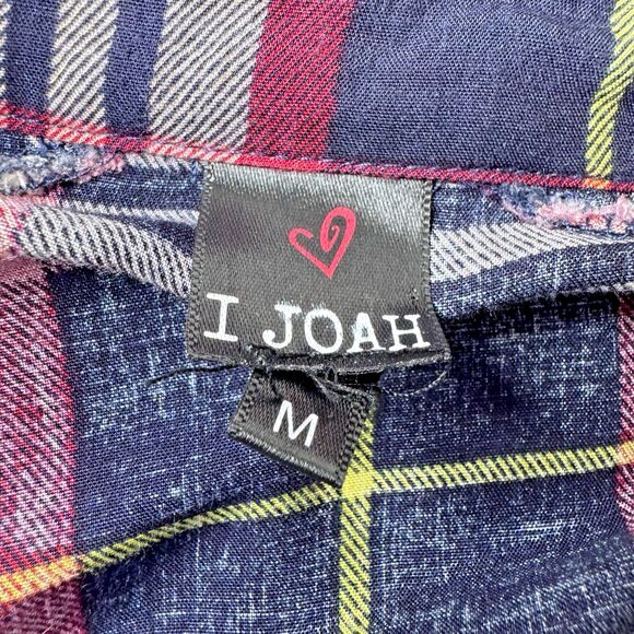 I Joah Womens Medium Oversized Plaid Ruffle Tunic Top Blue Red Poncho Boho Rayon - Picture 2 of 11